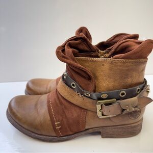 NEW! Reiker Brown & Tan Buckle Strap Moto Ankle Boots Vegan Leather Sz 39/ 8